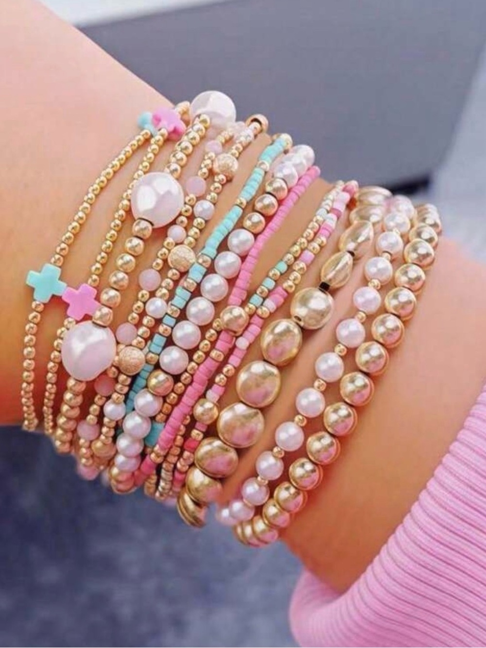 The Erika βοΈ Gold & Pastel Stackable stretch Beaded Bracelet Set 13p